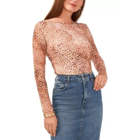 Vince Camuto Mesh Top Women's XS Metallic Animal Print Side Ruched Long Sleeve - Picture 1 of 3